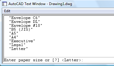Paper size in AutoCAD text screen