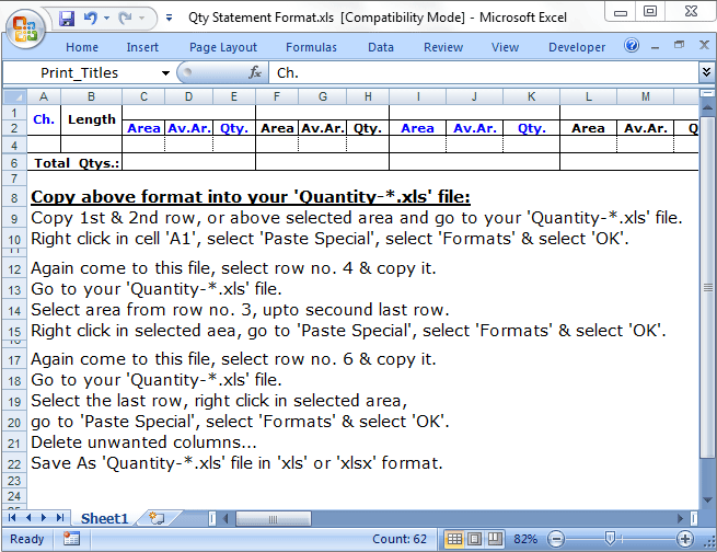 XLS file for Quantity Statement Formating
